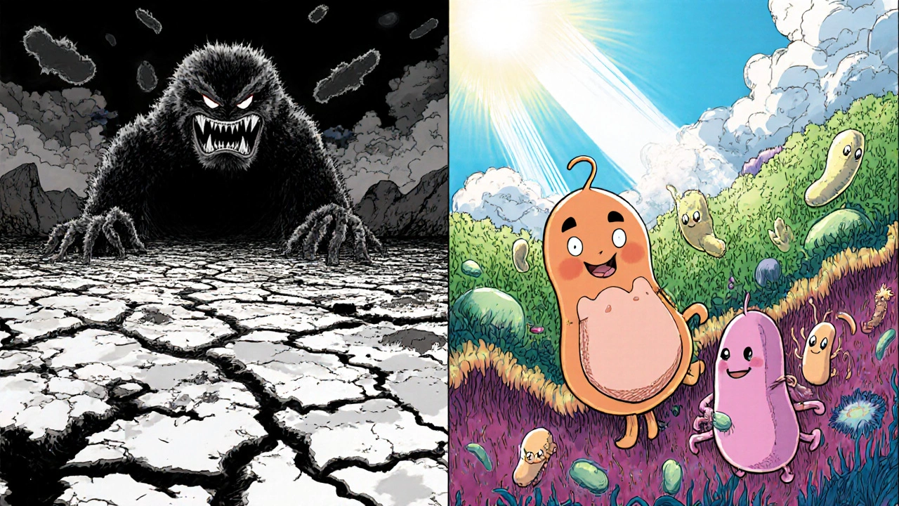 Contrasting gut scenes: barren wasteland vs thriving microbial ecosystem