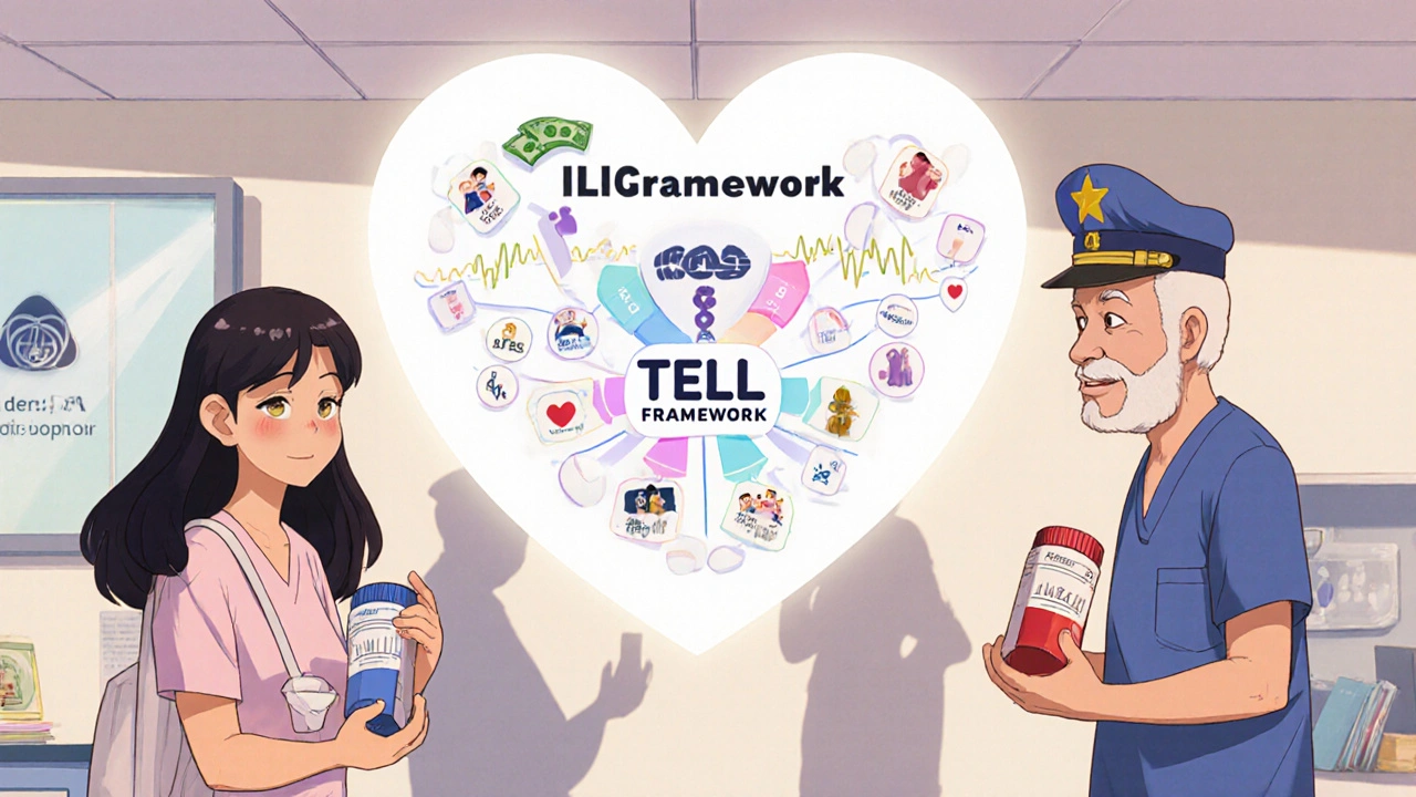 Diverse patients hold generics in clinic, shadows form a heart around the TELL framework with symbols of savings and health.