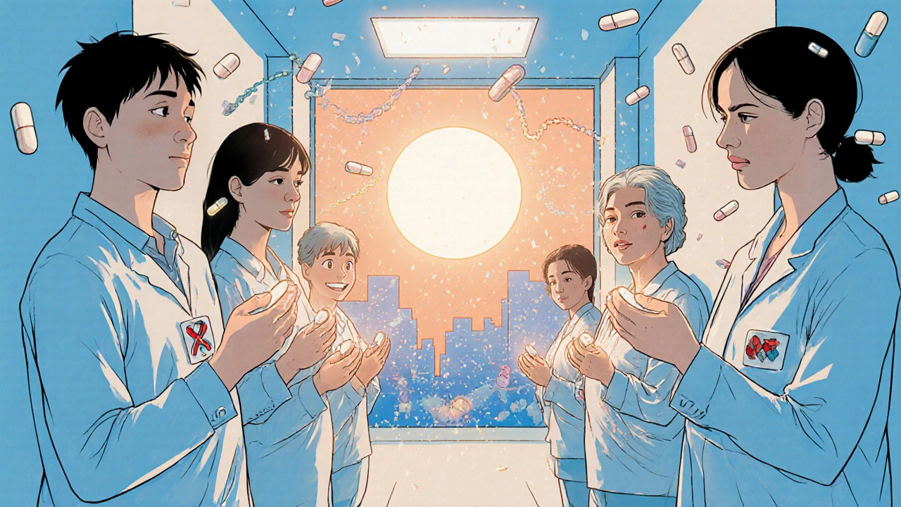 Diverse patients smiling while separate pills vanish behind them, symbolizing simplified treatment.