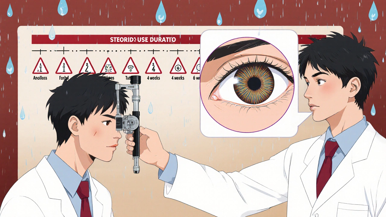 Doctor measuring eye pressure with magnified view of optic nerve damage and timeline of steroid use.