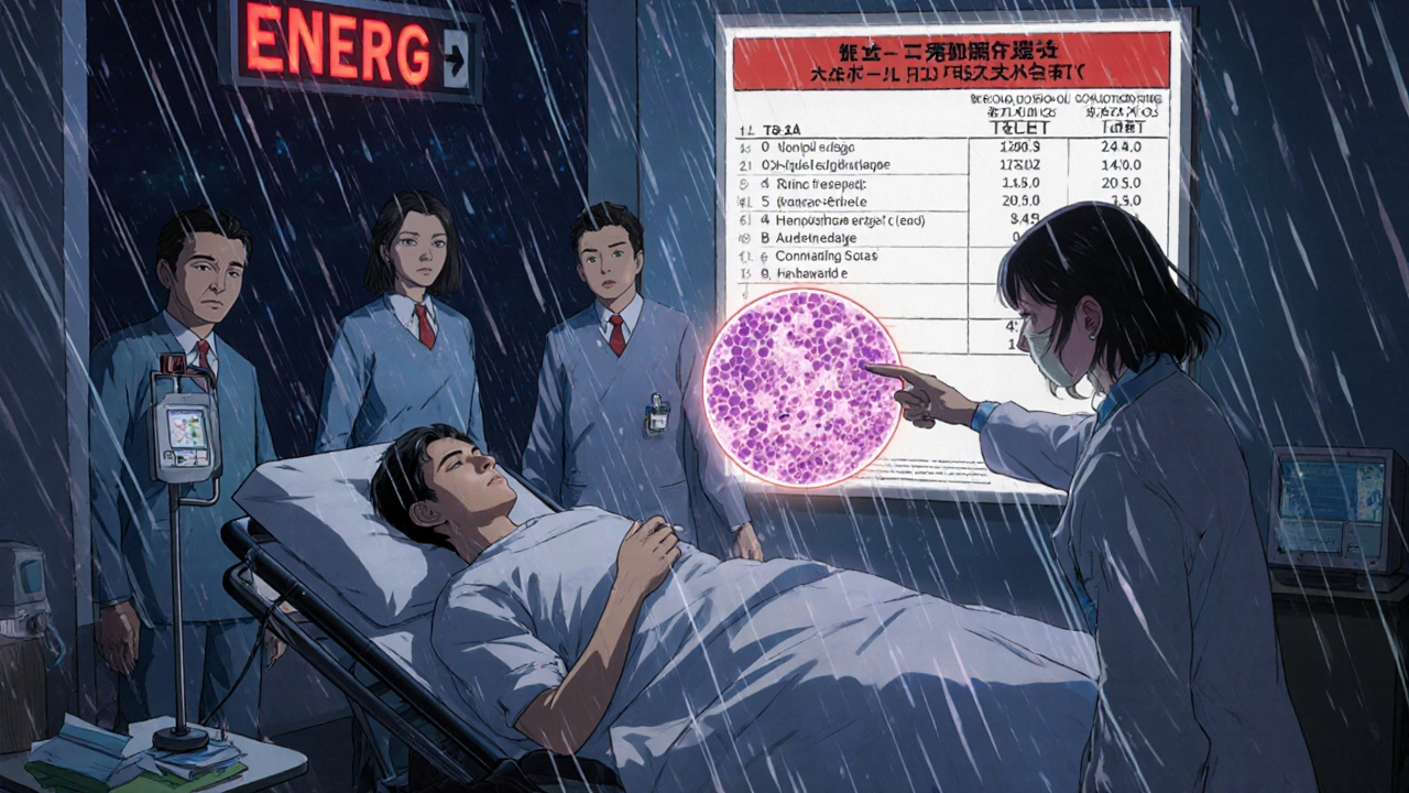 Emergency room scene with a patient on a gurney, medical staff reacting to a blood test showing dangerously low counts.