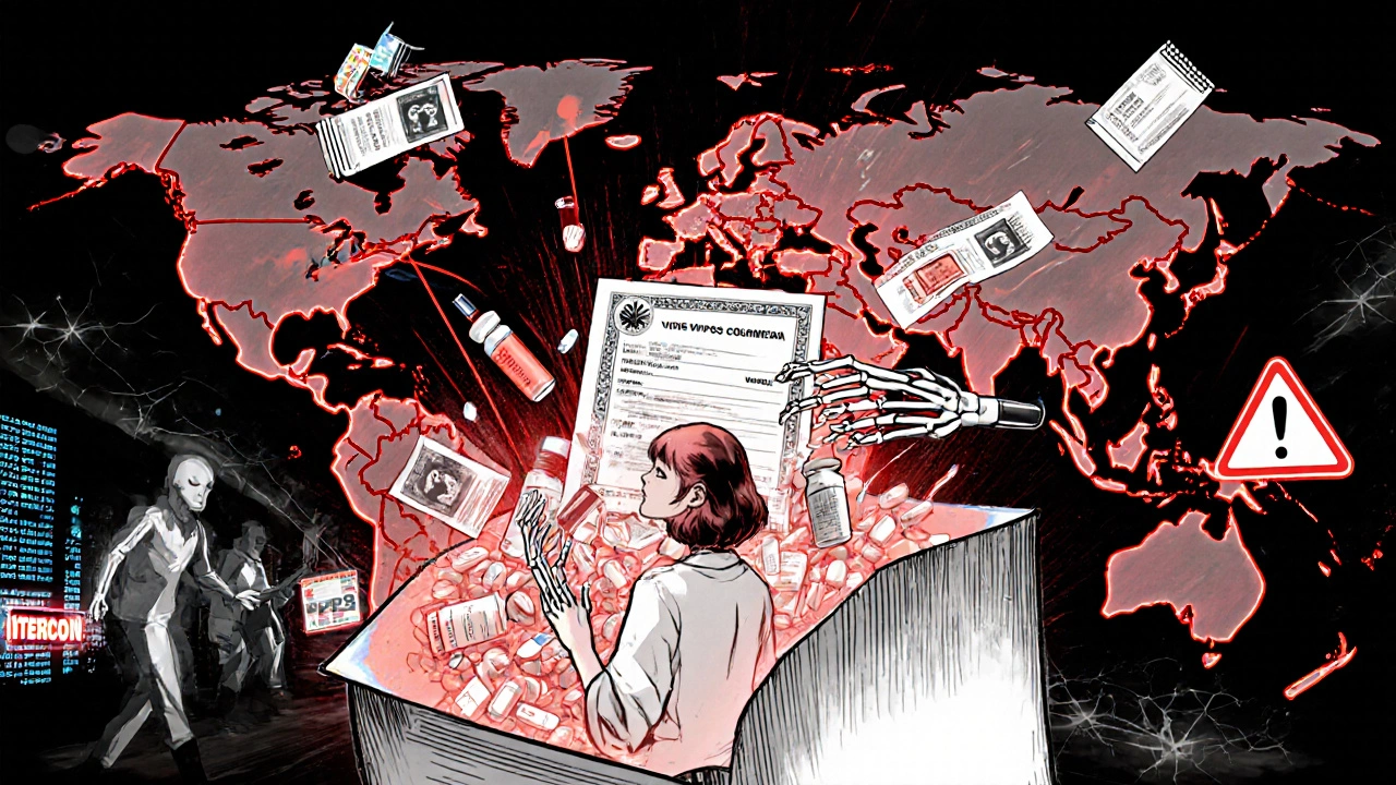 Global counterfeit drug routes converge into a U.S. mailbox, releasing fake meds as skeletal hands reach for a verified pharmacy certificate.