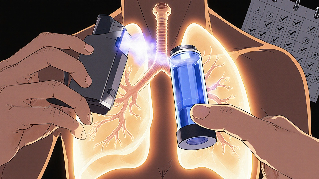 Hands correctly using an inhaler with spacer, blue mist flowing into healthy lungs.