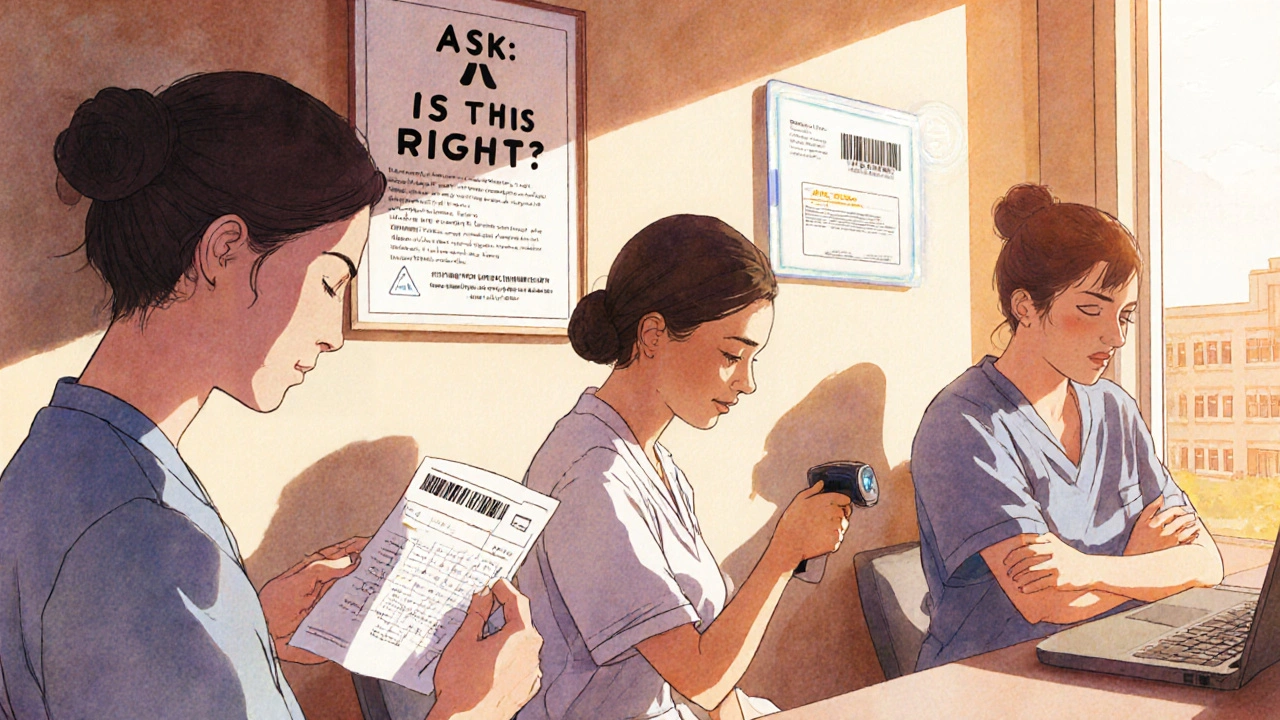 Healthcare staff taking safety time to review calculations and breathe during a busy shift.