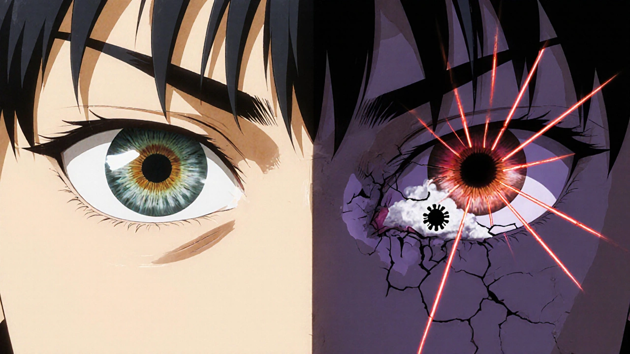Healthy eye versus damaged eye showing glaucoma pressure spikes and cataract formation.