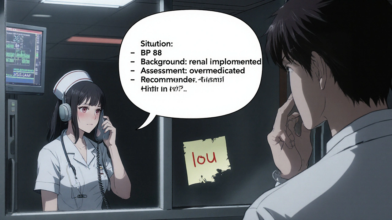 Nurse using SBAR protocol to communicate a dose change to a doctor in the ICU.