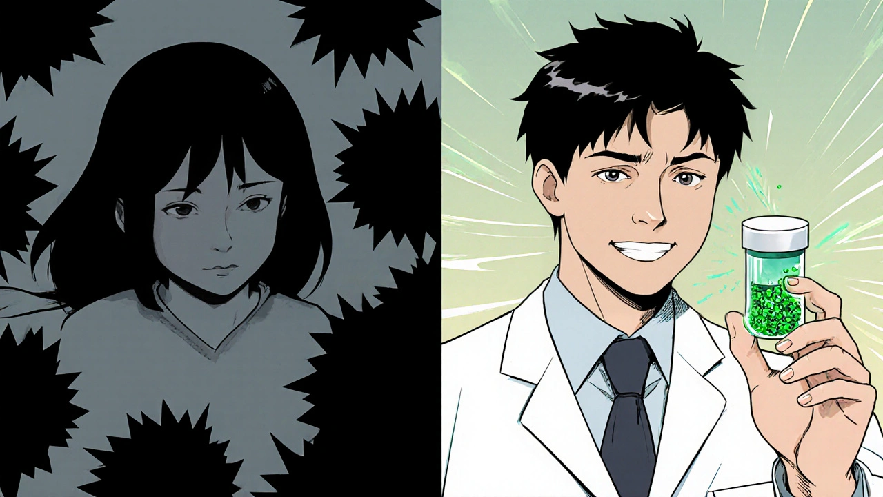 Patient&#039;s worry transforms into understanding as transparent pills reveal identical active ingredients in a split-panel scene.