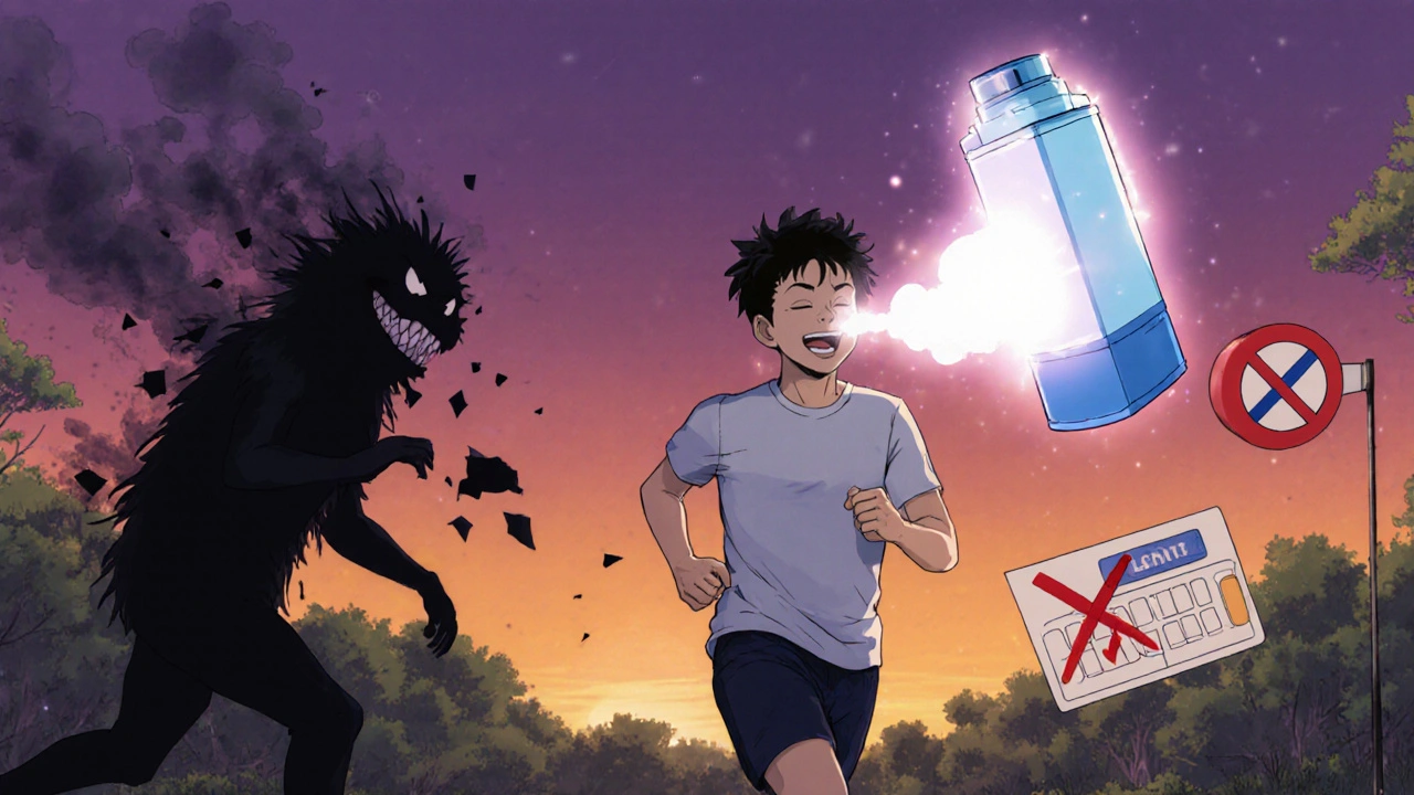 Patient jogging at dawn with inhaler aura as asthma monster fades behind them.