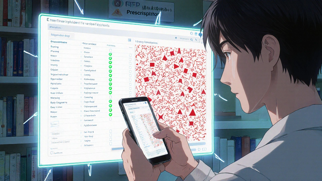 Patient viewing FDA excipient data on phone, with contrasting clean and toxic drug formulations behind them.