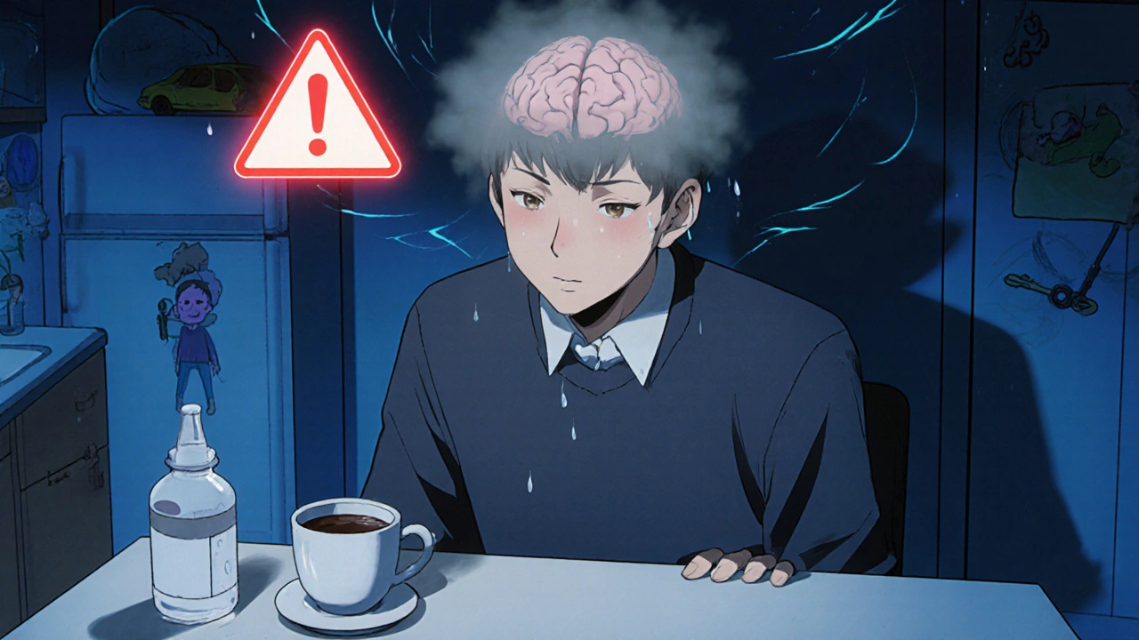 Person drowsy at kitchen table with foggy brain and warning symbol, symbolizing opioid-related sedation risk.