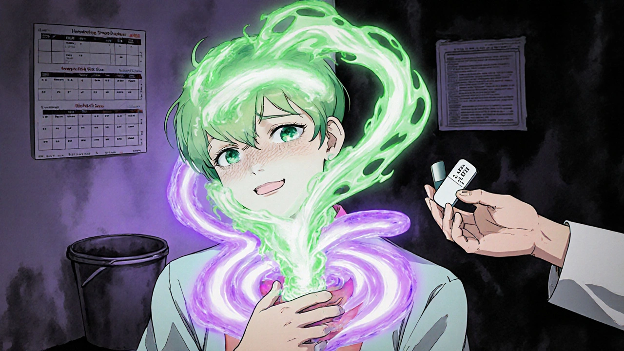 Person suffering nausea with swirling energy, doctor offering medication, brainstem glowing with trigger zone.