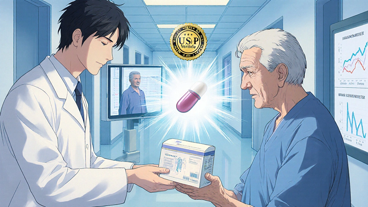 Pharmacist giving refrigerated probiotic box to elderly patient with USP seal