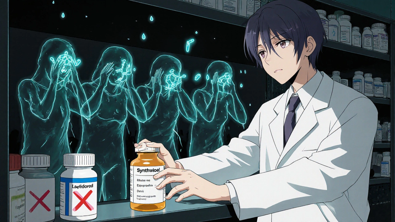 Pharmacist selecting a pill bottle while ghostly patient figures suffer from excipient reactions in the background.