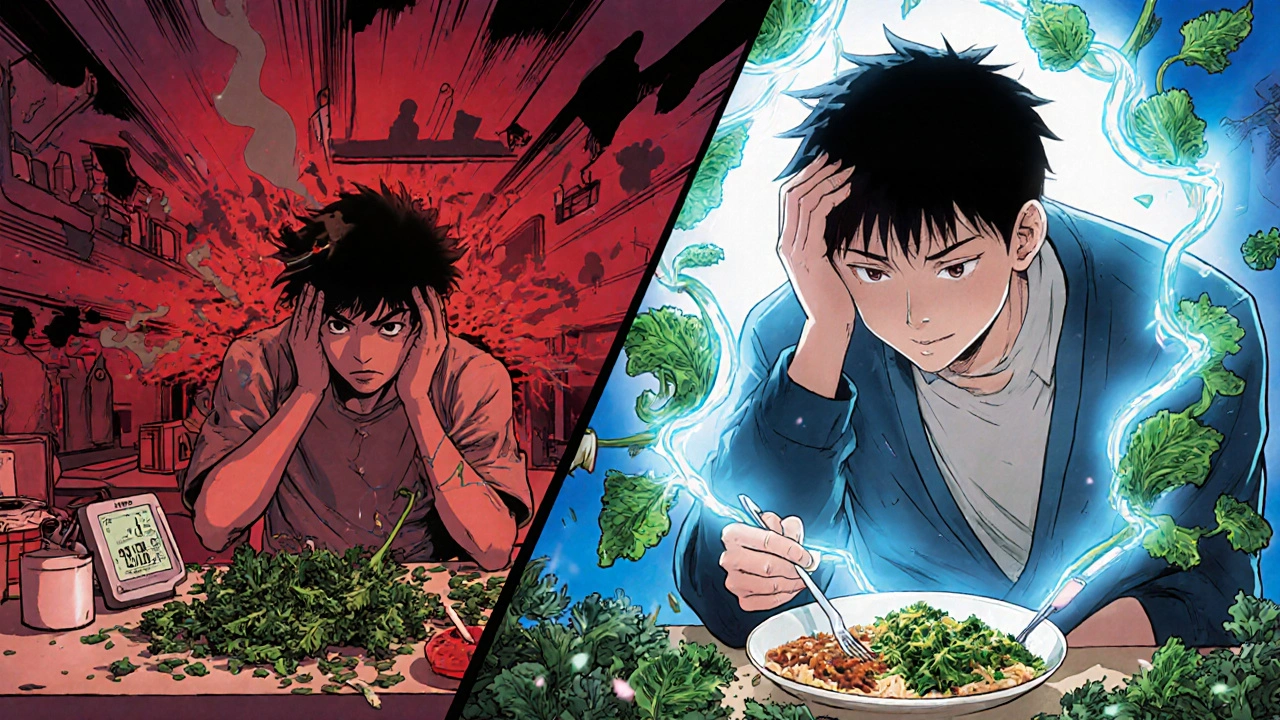 Split scene: chaotic diet vs. calm routine, with therapeutic INR range glowing as a protective halo.