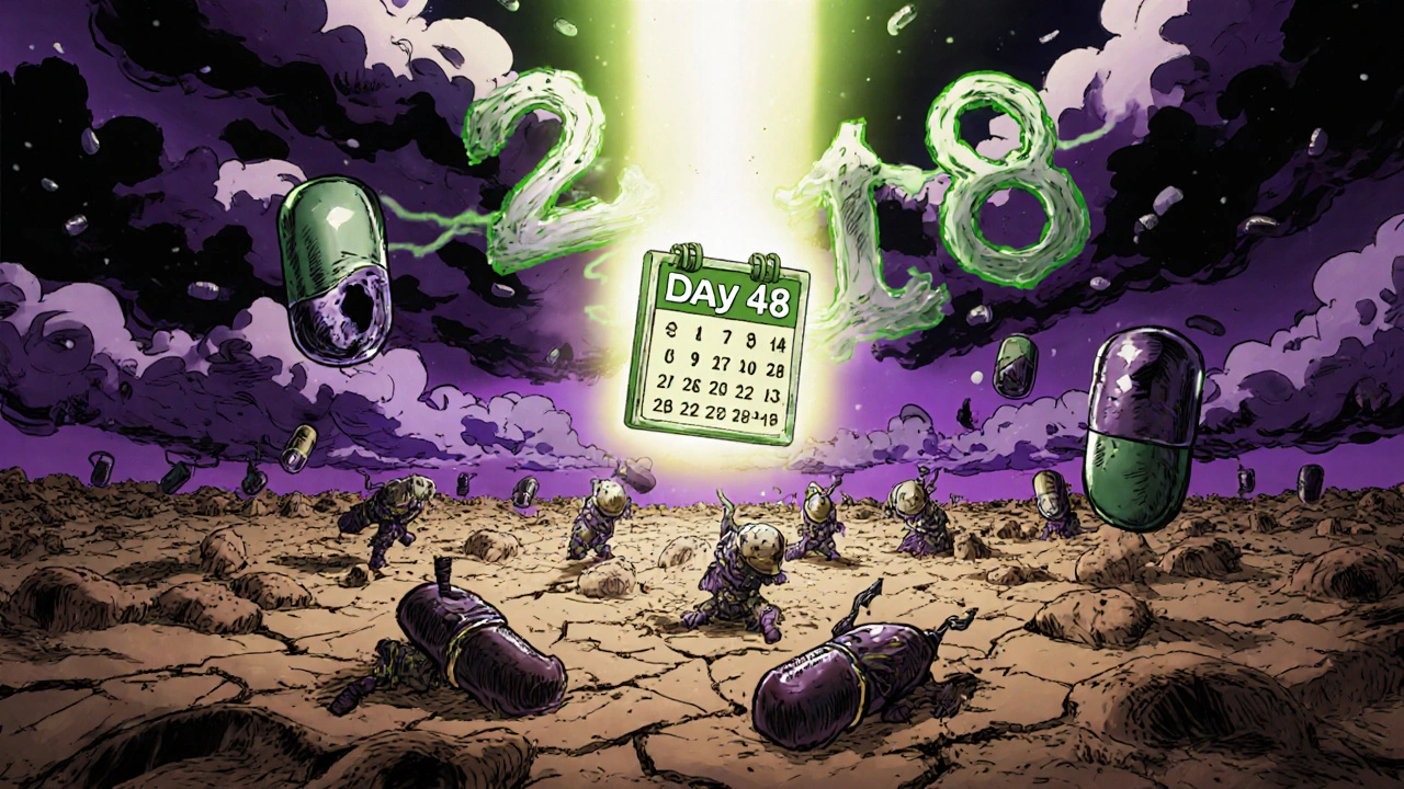 Symbolic bone marrow battlefield with defeated stem cells and menacing pill-shaped molecules looming overhead.