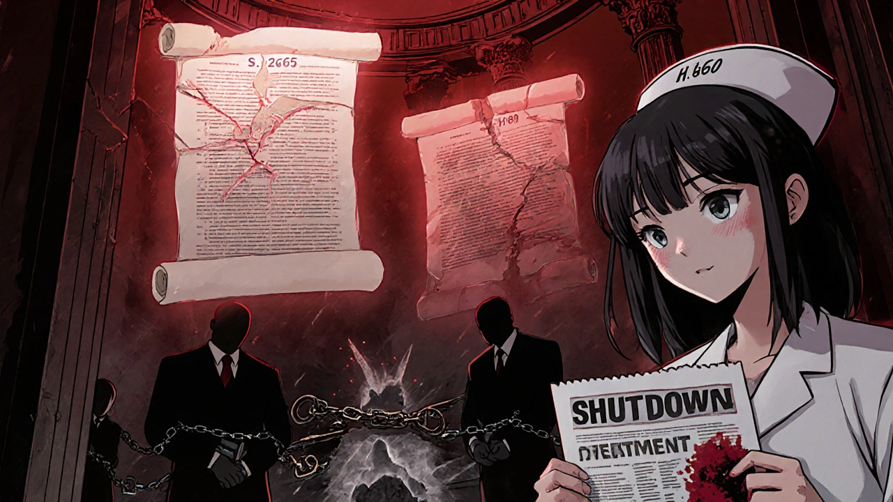 Two ghostly bills floating in a dark Congress chamber, FDA workers frozen in chains, nurse crying over a delayed treatment chart.