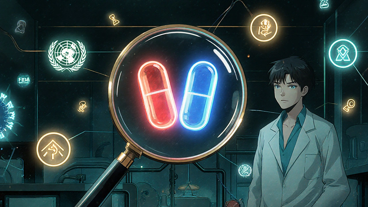 Two glowing drug molecules merging into a capsule under a magnifying glass with scientific icons.