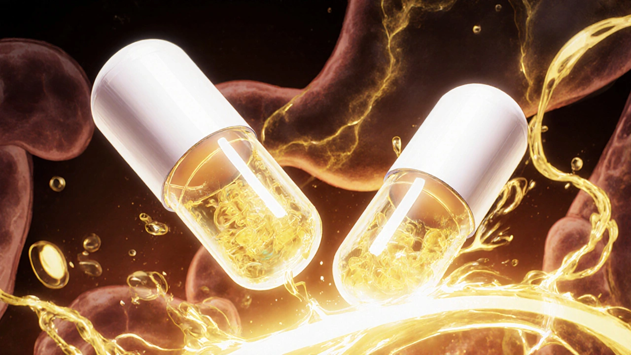 Two pills dissolving at different rates inside a stylized human digestive system.