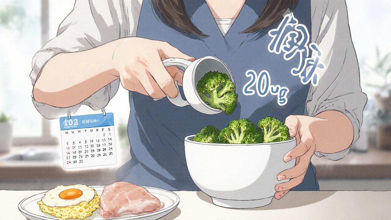 Woman measuring cooked broccoli and egg for consistent vitamin K intake, numerical values floating nearby.