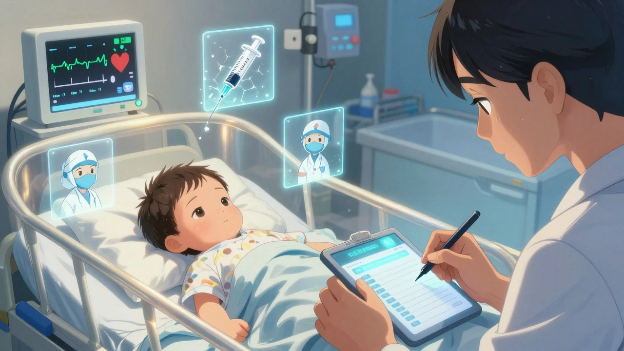 A child in NICU is protected by invisible safety checks while a parent watches anxiously beside the bed.