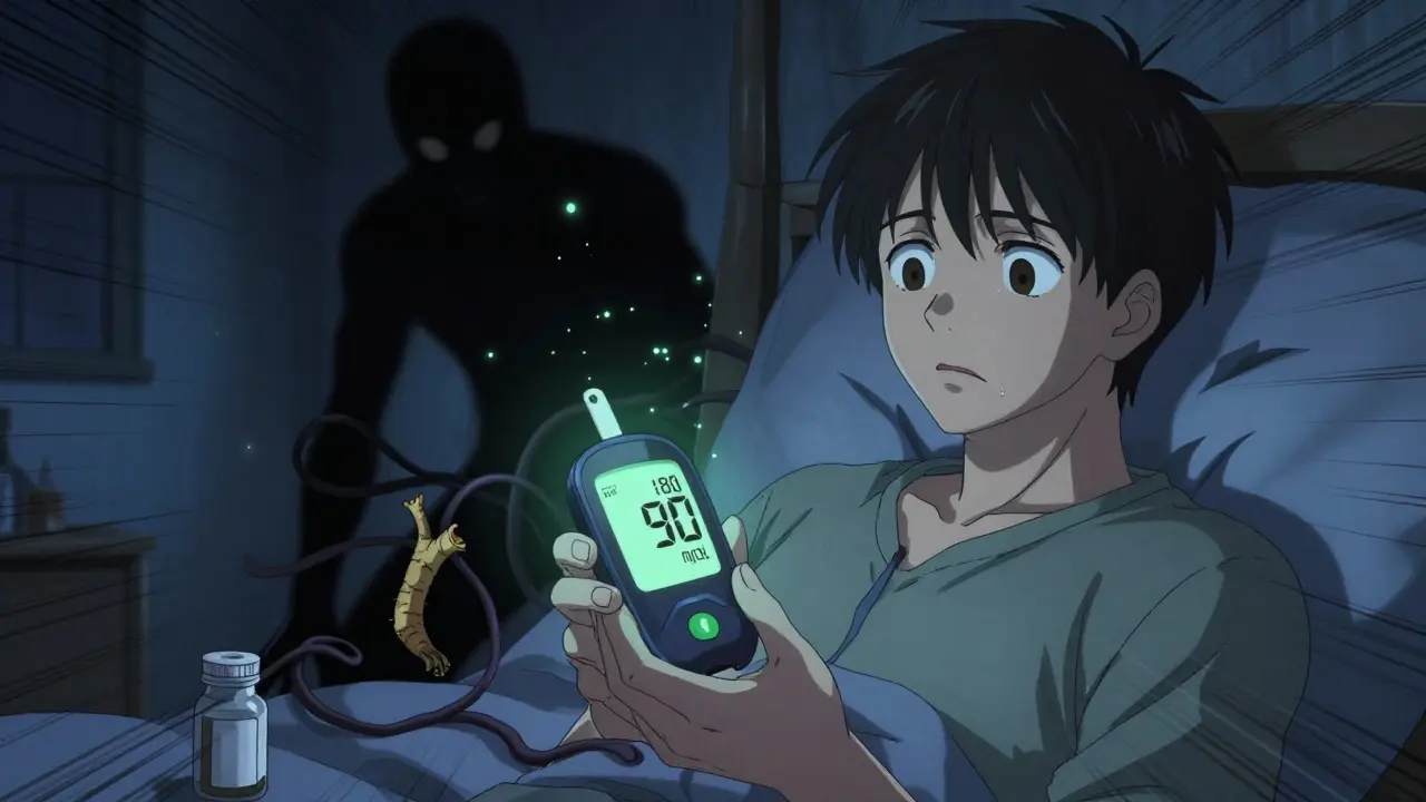 A diabetic person staring at a fluctuating glucose monitor while a shadowy goldenseal root looms behind them.