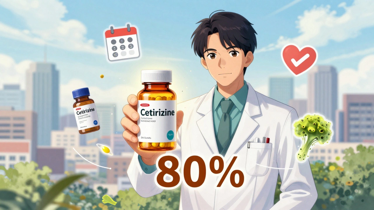 A doctor holding generic and brand allergy pills side by side, with price savings icons and pollen cloud shrinking over time.