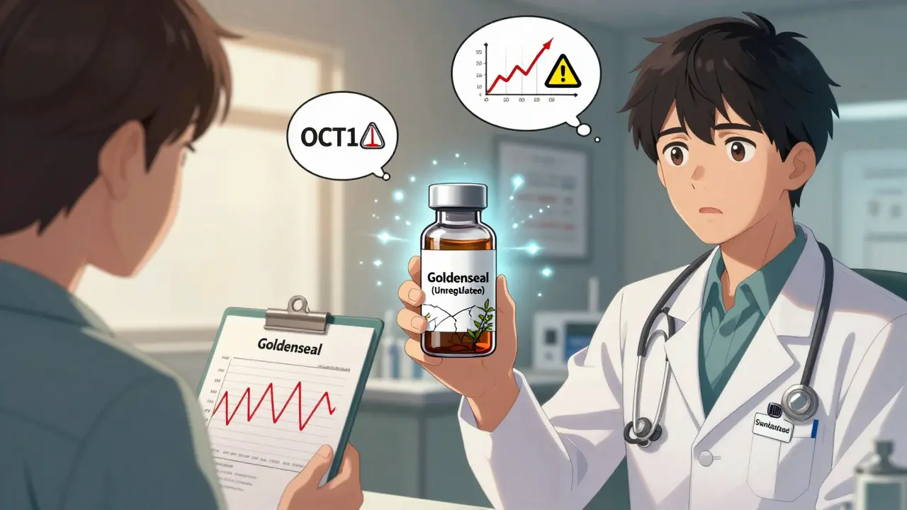 A doctor holds two supplement vials as a transporter symbol hovers between them, showing regulated vs. unregulated options.