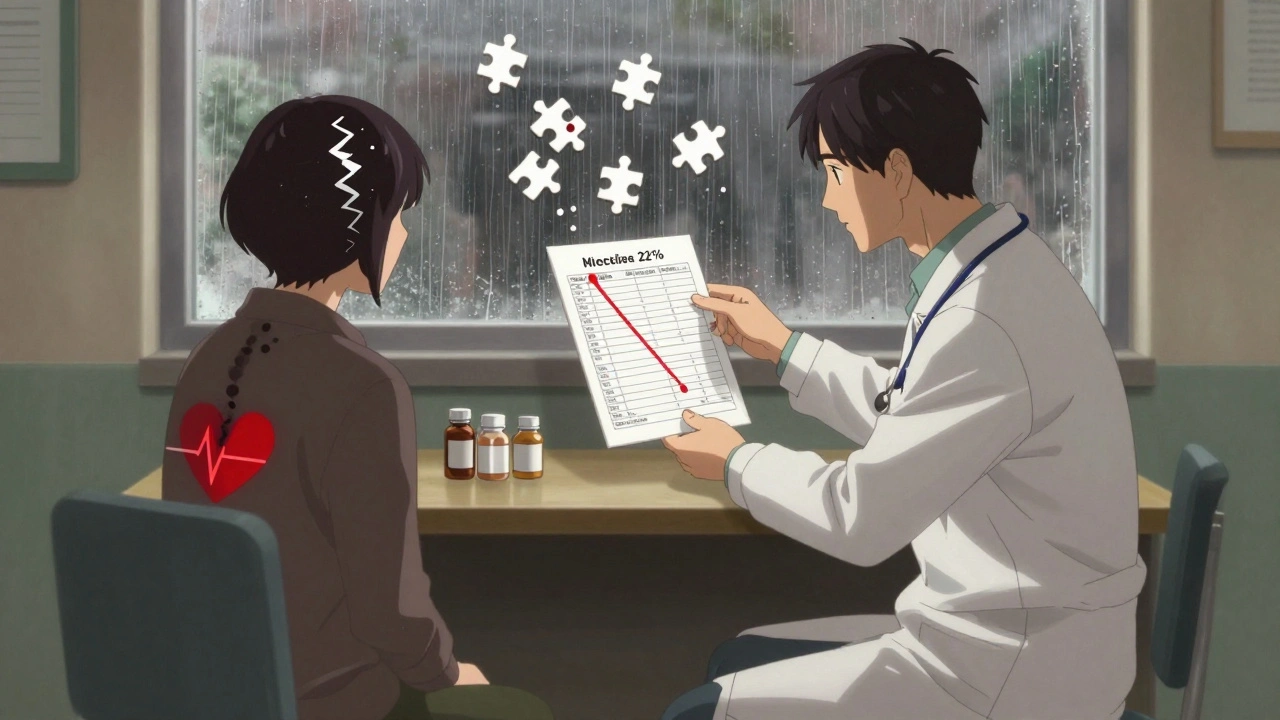 A doctor shows a blood test to a patient, revealing dangerous drug level drops after a generic switch.