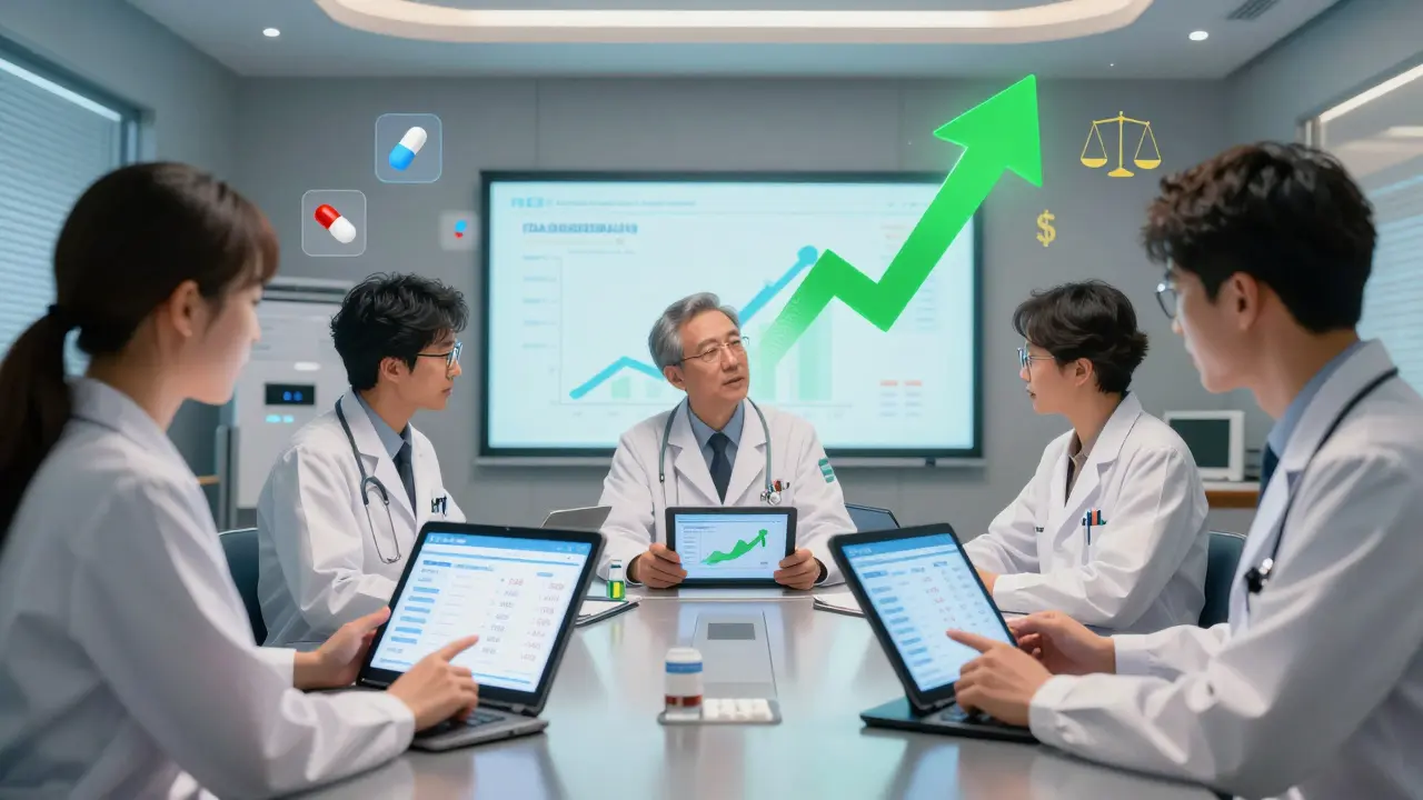 A medical committee reviews drug data on tablets, with price comparisons and FDA stats floating around them in a modern room.