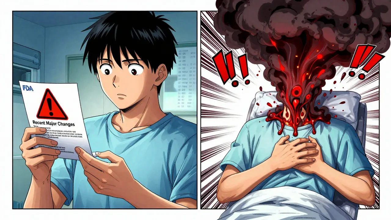 A patient alarmed by a recent FDA label update, with dangerous side effects manifesting as dark clouds around them.