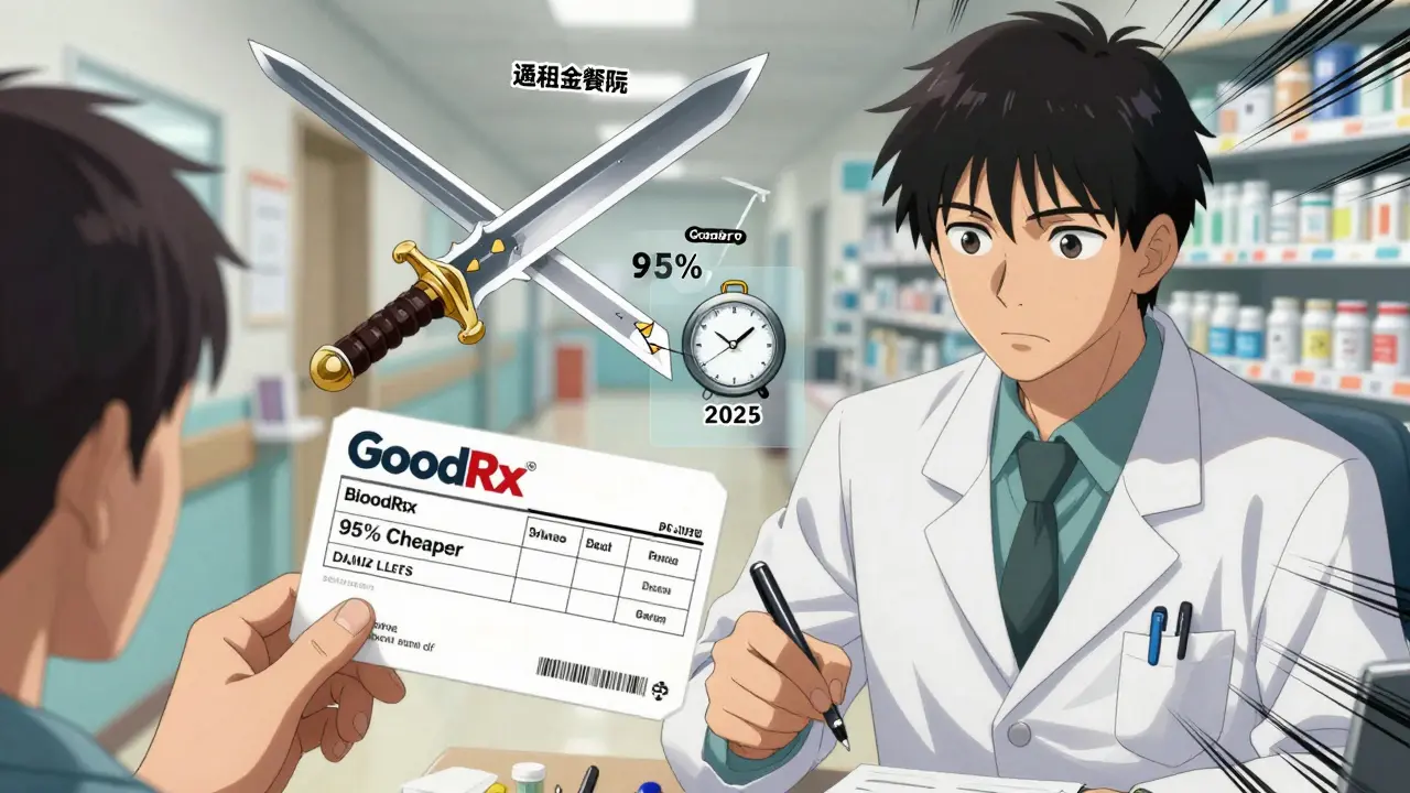 A patient and doctor face off against a tiered drug system, with a generic sword piercing a brand-name drug labeled &#039;95% Cheaper.&#039;