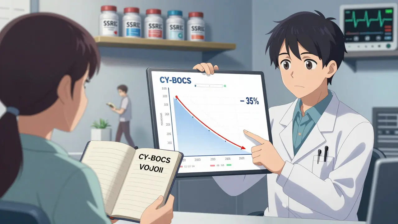 A patient and doctor reviewing an OCD symptom graph in a clinical office, showing improvement over time.