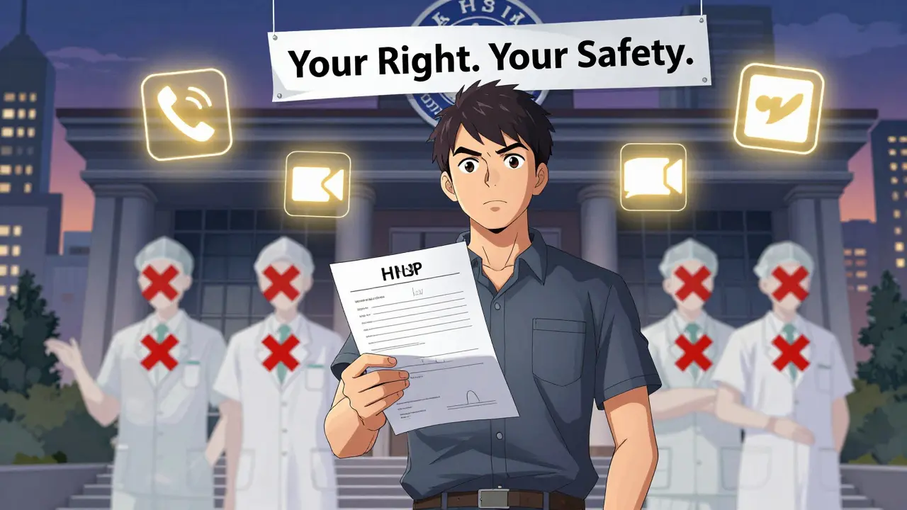 A patient files a formal complaint for language access rights, with fading pharmacy workers behind them and interpreter icons glowing in the air.