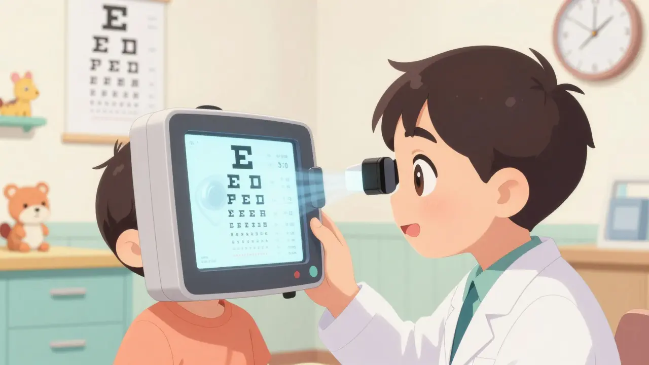A pediatrician uses a screening device on a toddler in a bright clinic, with animated vision test shapes reflecting in the child’s eyes.