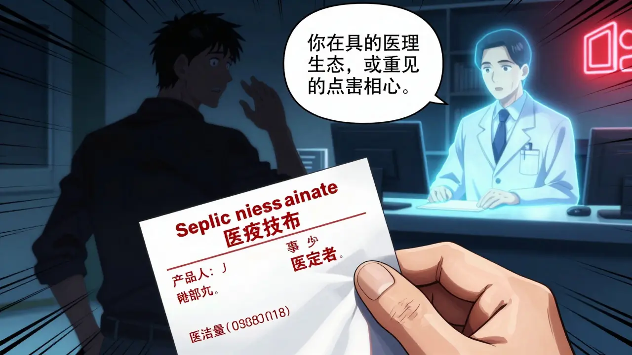 A prescription label with translated warnings glows beside a pharmacist, while a confused staff member is overshadowed by a transparent professional interpreter.