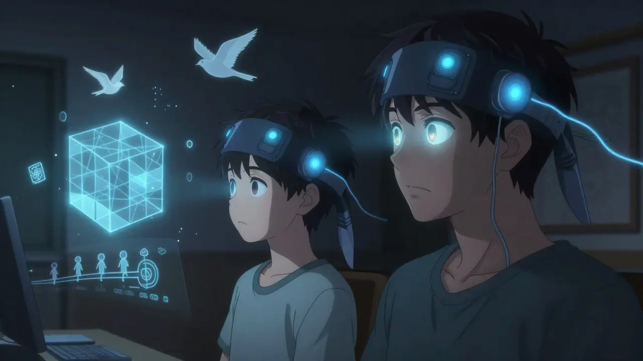 A teen and adult undergo digital vision therapy with glowing brain stimulation, holographic 3D exercises floating around them.