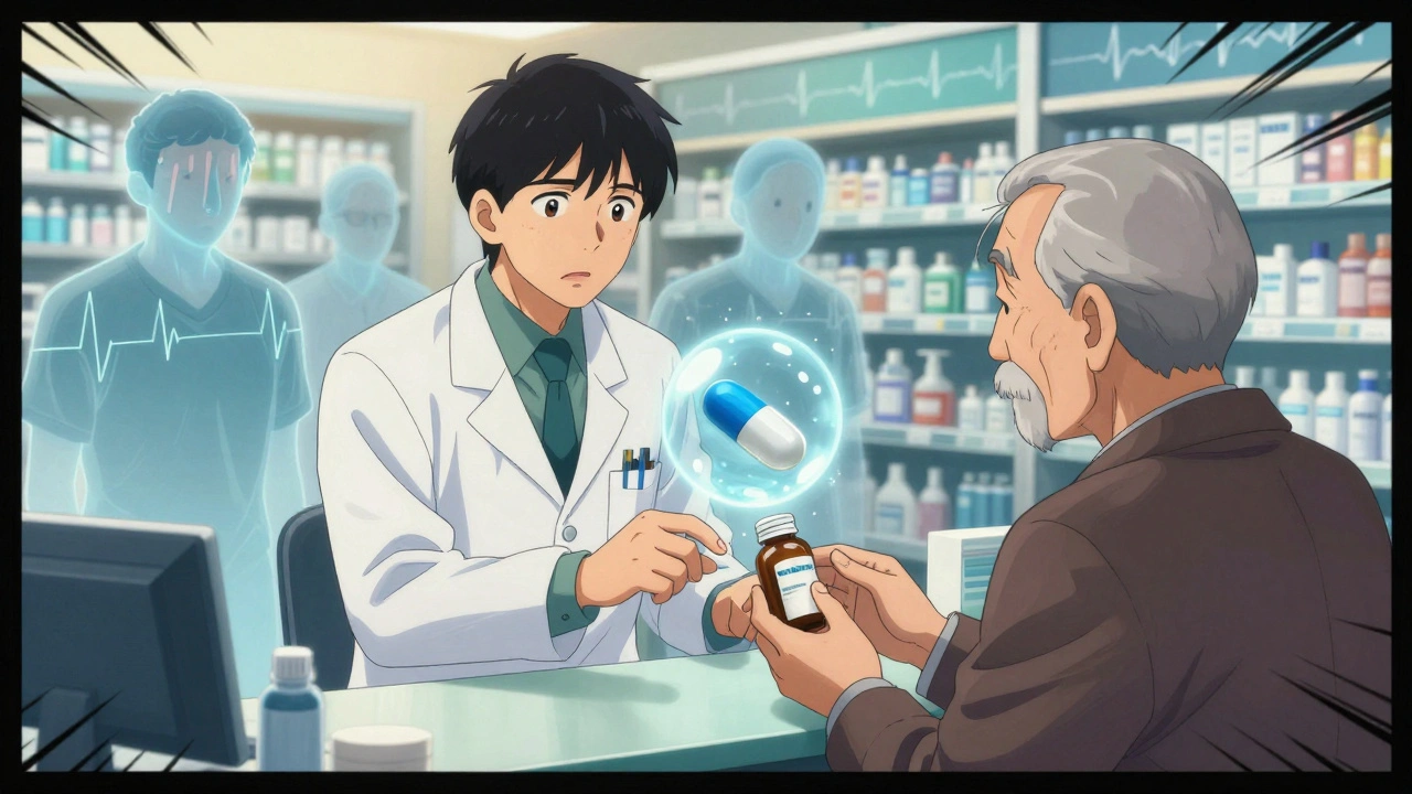 An elderly man receives a new generic pill at a pharmacy while ghostly medical emergencies float around him.
