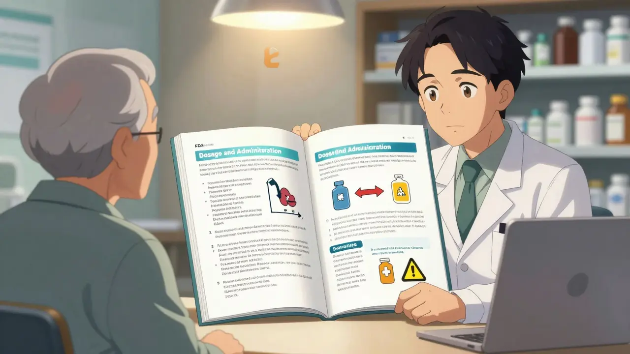 An elderly patient and pharmacist reviewing dosage instructions from an open FDA prescribing information document.