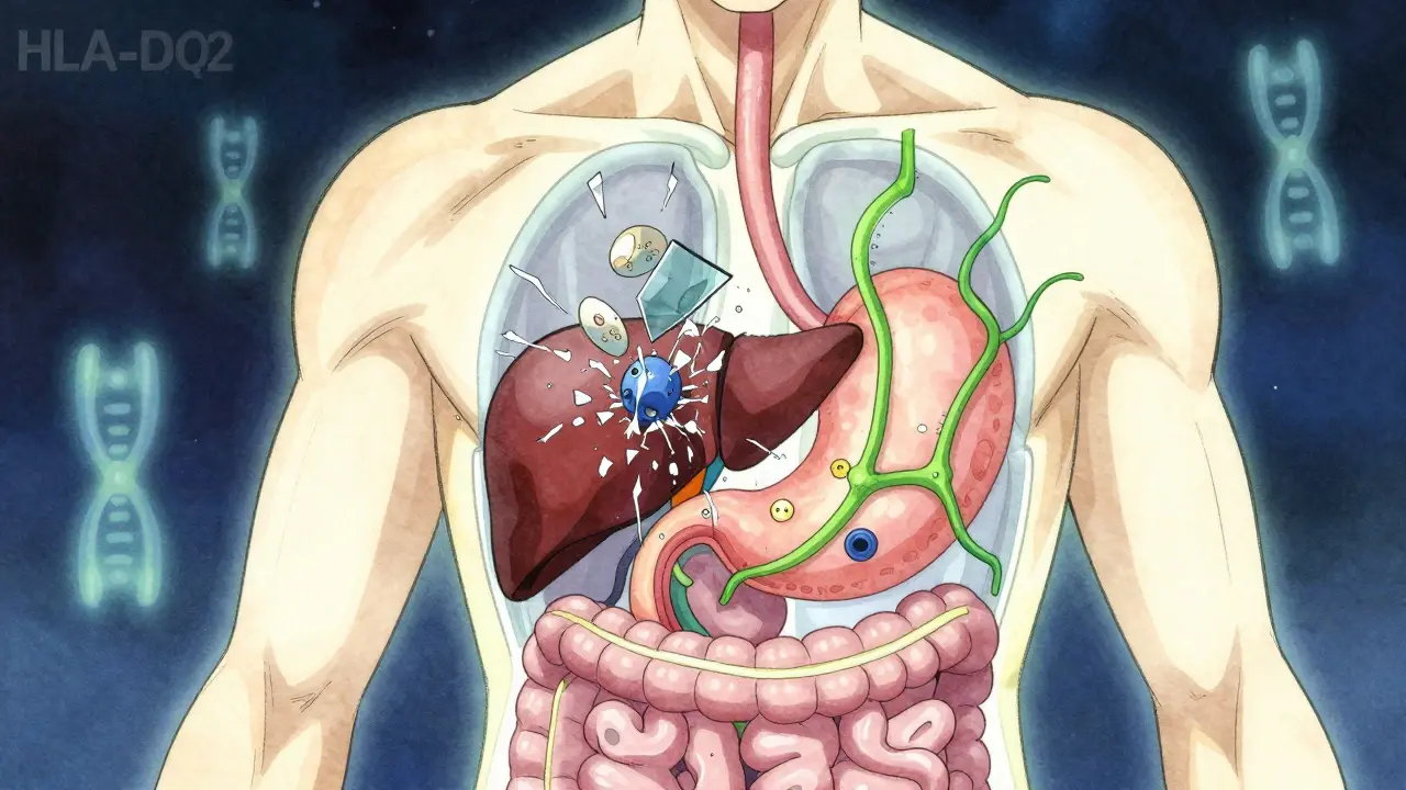 Body map showing gluten breaking down as liver repairs with green energy tendrils.