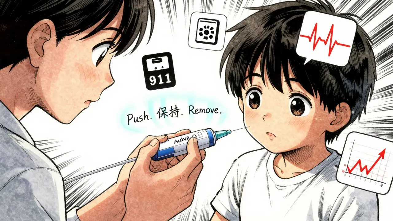 Child receiving Auvi-Q injection with voice guidance lights, adult calmly assisting, manga-style detail.