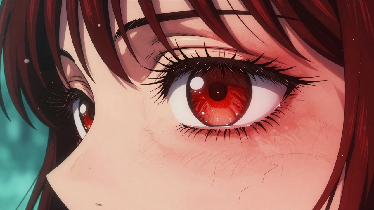 Close-up of inward-turning eyelid with lashes rubbing against cornea, redness and tears visible.