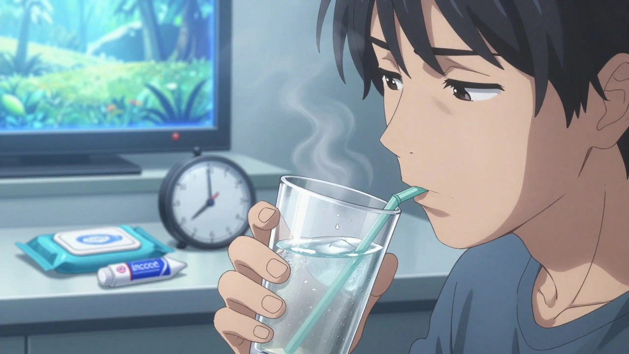 Close-up of person drinking chilled laxative solution with timer and hygiene items nearby.