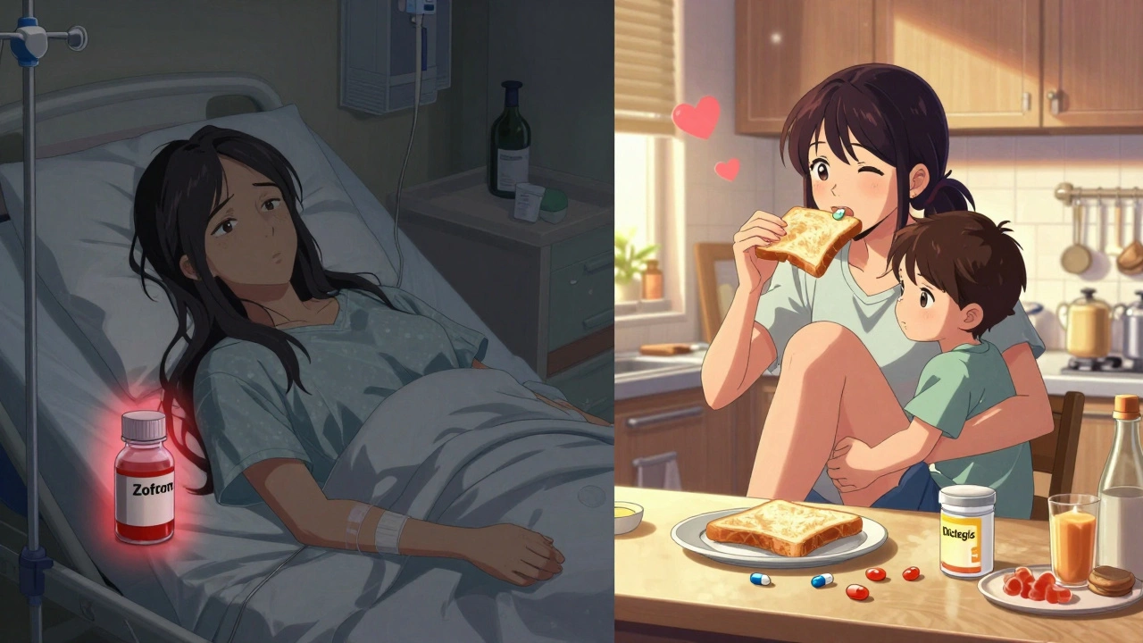 Contrasting scenes: exhausted hospital patient vs. happy mom at home with safe pregnancy remedies.