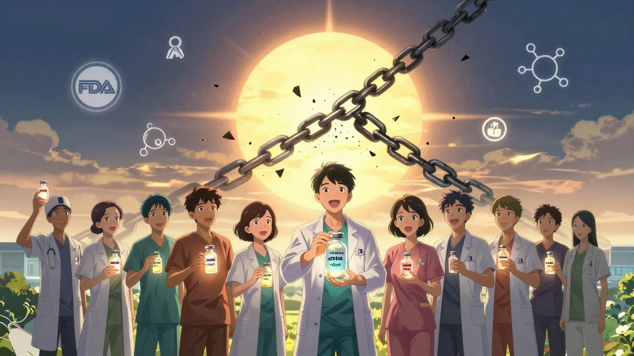 Diverse patients holding biosimilar vials as financial chains break, with FDA and molecular symbols glowing in the sky.
