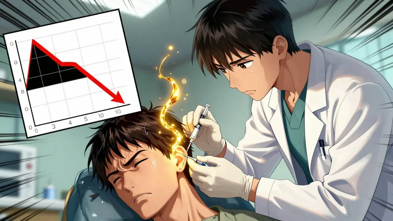 Doctor administers steroid injection into ear, golden medication flowing inward.