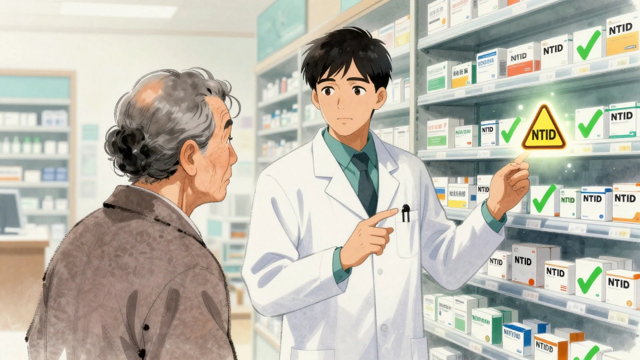 Doctor and pharmacist guiding a patient in a pharmacy, with only three drugs marked as high-risk among many safe generics.