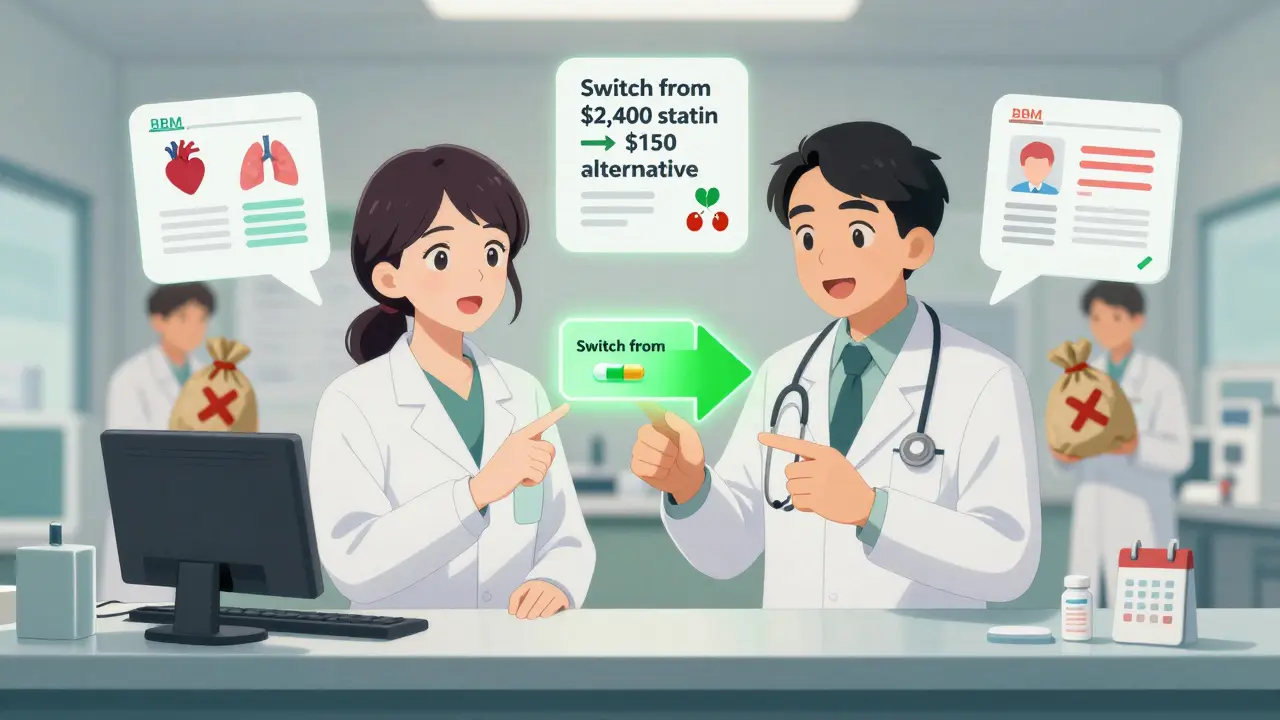 Doctor and pharmacist review therapeutic substitution alert for a cheaper medication alternative.