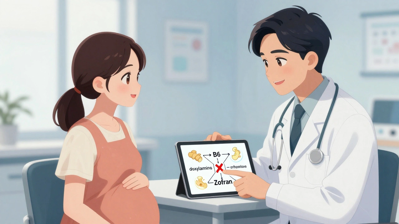 Doctor and pregnant patient reviewing a safety-focused treatment flowchart in a clinic.