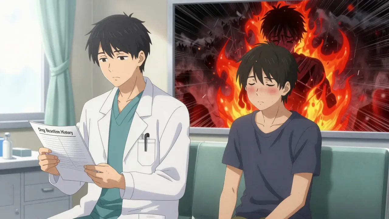 Doctor reviewing medication history as patient with mild rash sits calmly, flashback of past emergency behind.