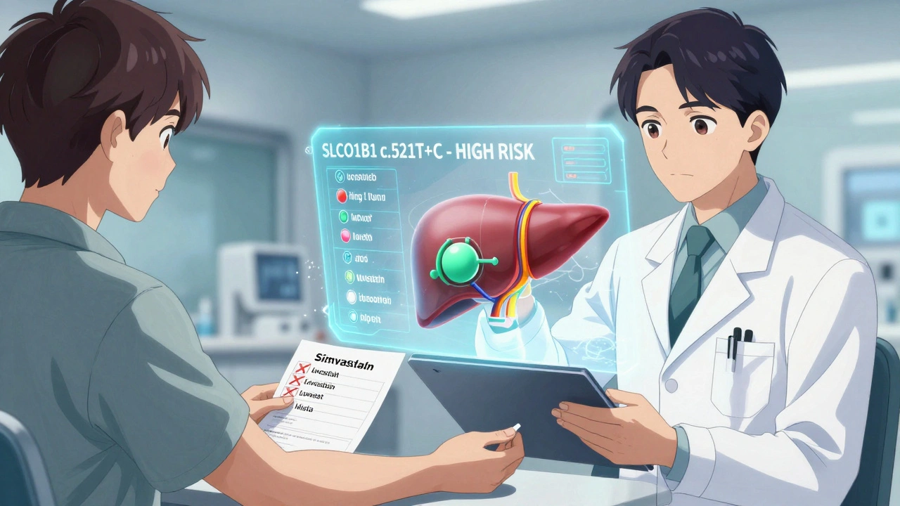 Doctor scanning patient&#039;s genetic code showing high risk variant while liver pathways display statin metabolism.